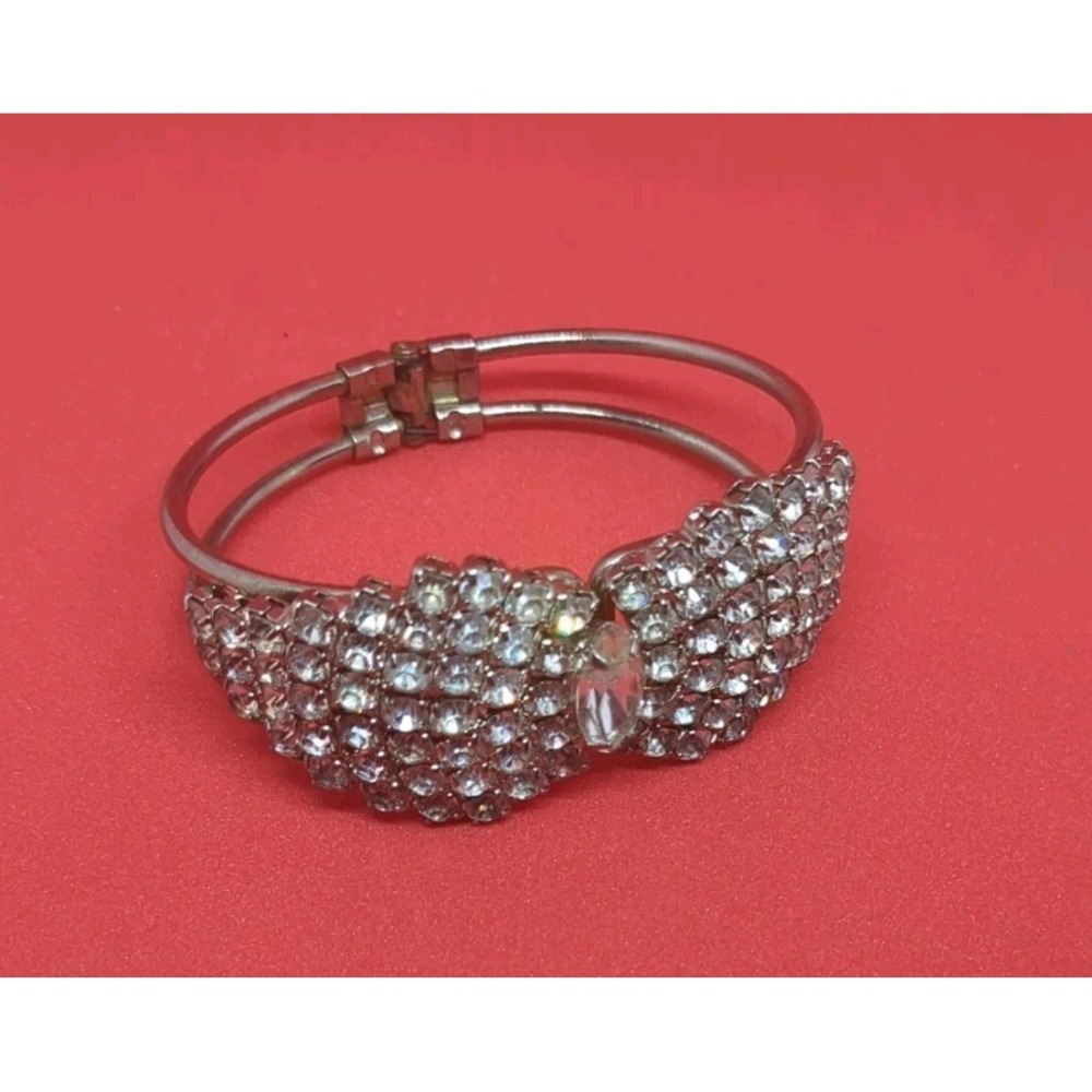 Vintage Silver Tone Clear Rhinestone Pave Clamper Bracelet